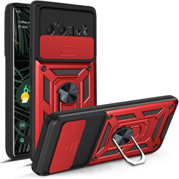 Case for Google Pixel 6 with Slide Camera Cover,Military Grade Heavy Duty Protection Phone Case Cover with Magnetic Ring Kickstand for Google Pixel 6 SJ Red