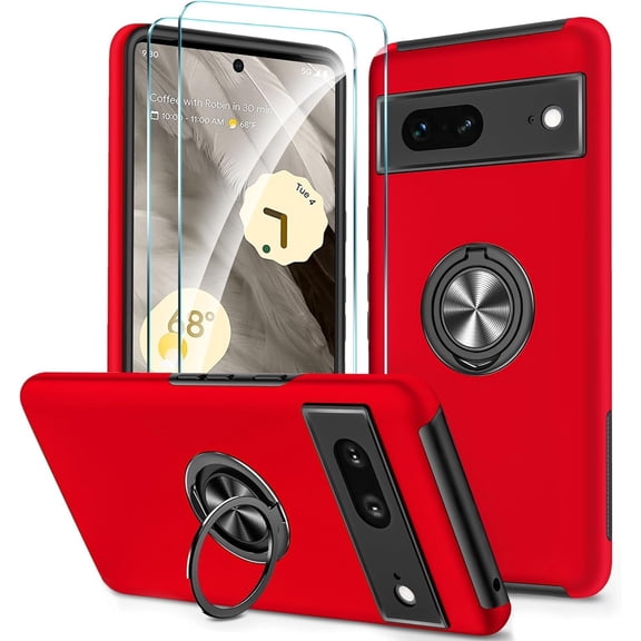 Case for Google Pixel 7 with 2Pcs Tempered Glass Screen Protector Film and Kickstand, [Military Grade Drop Protection] Shockproof Stand Phone Cover, Red
