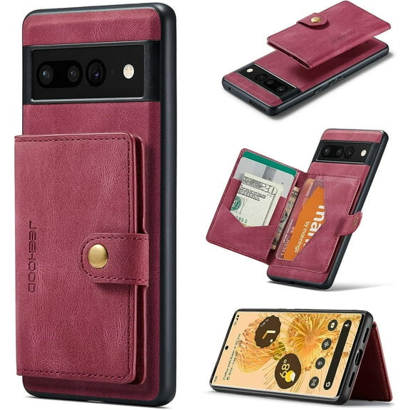 Case for Google Pixel 7 Pro 2022, Detachable Magnetic Wallet Credit Card Cash Slot Case Cover Support Wireless Charging Functional Kickstand Compatible with Google Pixel 7 Pro 2022 (Red)