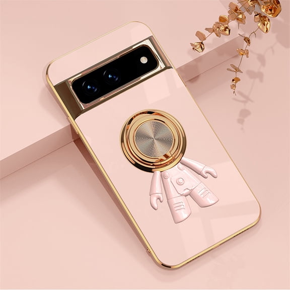 Case for Google Pixel 7 Pro, Luxury Astronaut Ring Hoder Stand Plating Ultra Slim Support Magnetic Car Mount Drop Protective Phone Case Cover for Google Pixel 7 Pro, Lightpink
