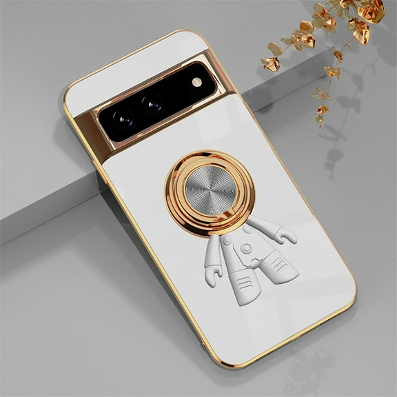 Case for Google Pixel 7 Pro, Luxury Astronaut Ring Hoder Stand Plating Ultra Slim Support Magnetic Car Mount Drop Protective Phone Case Cover for Google Pixel 7 Pro, White