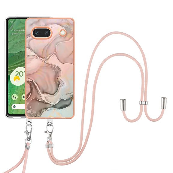 Case for Google Pixel 7a, Adjustable Detachable Crossbody Strap Neck Strap Silicone Bumper Marble Painted TPU Ultra Thin Shockproof Protective Phone Case Cover for Google Pixel 7a, Rosegold