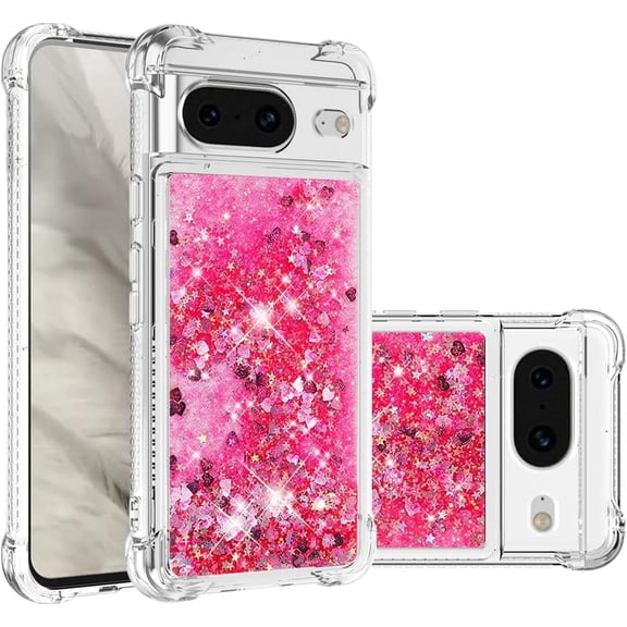 Case for Google Pixel 8 Case Glitter Liquid Cute Clear Phone Case Floating Quicksand Shockproof Protective Bumper Soft TPU Case for Google Pixel 8 5G Love Pink YB