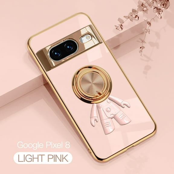 Case for Google Pixel 8, Luxury Astronaut Ring Hoder Stand Plating Ultra Slim Support Magnetic Car Mount Drop Protective Phone Case Cover for Google Pixel 8, Lightpink
