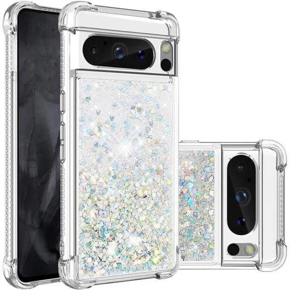 Case for Google Pixel 8 Pro Case Glitter Liquid Cute Clear Phone Case Floating Quicksand Shockproof Protective Bumper Soft TPU Case for Google Pixel 8 Pro 5G Love Sliver YB
