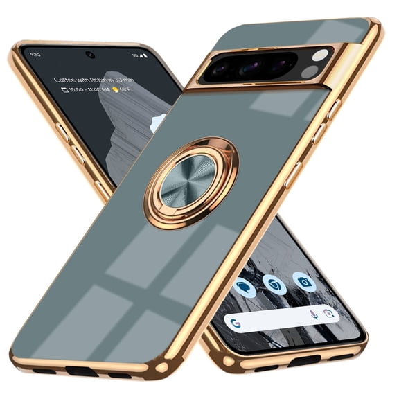 Case for Google Pixel 8 Pro Case with Ring Stand [360° Rotatable Ring Holder Magnetic Kickstand][Support Car Mount] Plating Rose Gold Edge Soft Flexible TPU Luxury Phone Case Cover, Gray