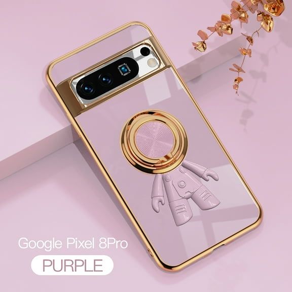 Case for Google Pixel 8 Pro, Luxury Astronaut Ring Hoder Stand Plating Ultra Slim Support Magnetic Car Mount Drop Protective Phone Case Cover for Google Pixel 8 Pro, Purple