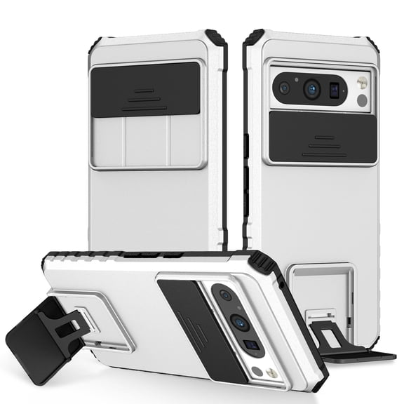 Case for Google Pixel 8 Pro, Luxury Slide Lens Cover Shockproof Drop Protection Kickstand Holder Ultra Slim Lightweight Phone Case Cover for Google Pixel 8 Pro, White