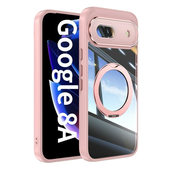 Case for Google Pixel 8A Case Ring Holder Kickstand Built-in Camera Lens Protector Anti-Scratch Shockproof Dustproof Protection Rugged Phone Case Cover for Google Pixel 8A, Pink