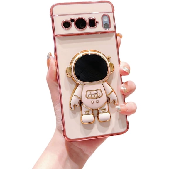 Case for Google Pixel 8A,Fun 6D Plating Astronaut Design Hidden Folding Kickstand Soft TPU Shockproof Bumper Cartoon Cute Phone Case for Google Pixel 8A 5G,6.1 Inch 2024 (Pink)
