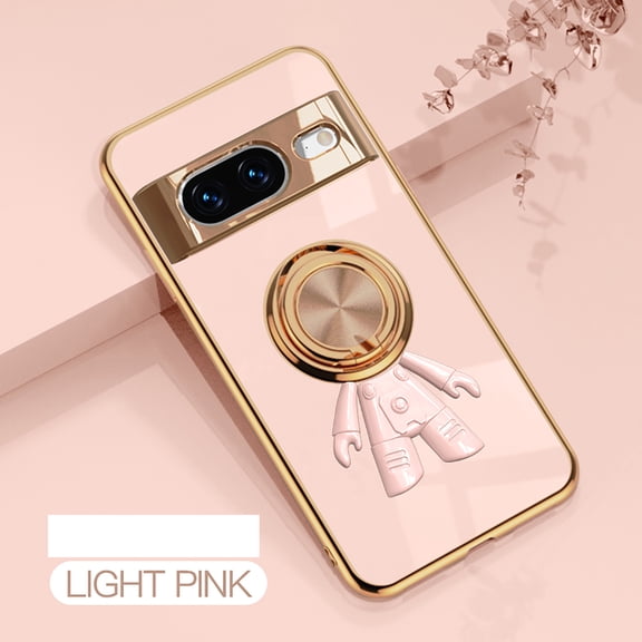 Case for Google Pixel 8a, Luxury Astronaut Ring Hoder Stand Plating Ultra Slim Support Magnetic Car Mount Drop Protective Phone Case Cover for Google Pixel 8a, Lightpink