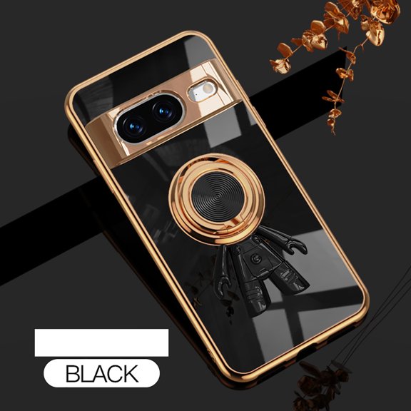 Case for Google Pixel 8a, Luxury Astronaut Ring Hoder Stand Plating Ultra Slim Support Magnetic Car Mount Drop Protective Phone Case Cover for Google Pixel 8a, Black