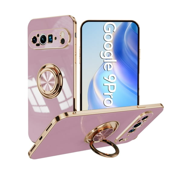 Case for Google Pixel 9 / 9 Pro Case with Ring Stand [360° Rotatable Ring Holder Magnetic Kickstand][Support Car Mount] Plating Rose Gold Edge Soft Flexible TPU Luxury Phone Case Cover, Purple