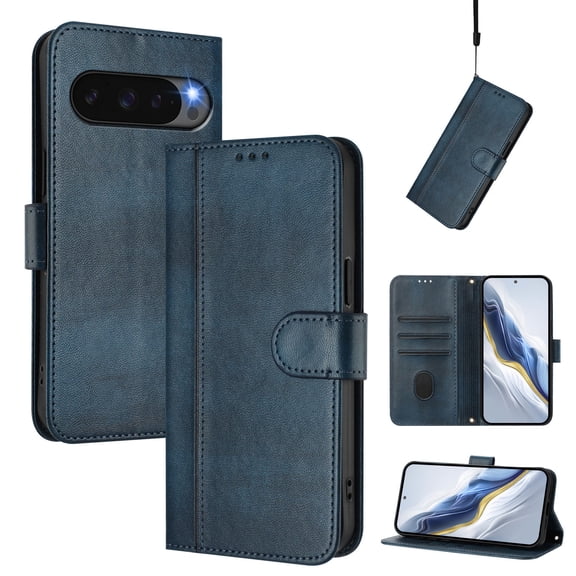 Case for Google Pixel 9 / 9 Pro with Credit Card Slot, RFID Blocking PU Leather Flip Wallet Stand Phone Case with Lanyard Shockproof and Anti-Scratch Cover for Google Pixel 9 / 9 Pro, Blue