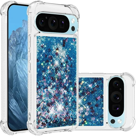 Case for Google Pixel 9 Case Glitter Cute Luxury Love Liquid Quicksand Clear Soft TPU Girls Women Stylish Bumper Shockproof Protective Cover for Google Pixel 9 / Pixel 9 Pro Blue YB