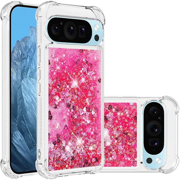 Case for Google Pixel 9 Case Glitter Liquid Cute Clear Phone Case,Floating Quicksand Shockproof Protective Bumper Soft TPU Cover for Google Pixel 9 / Pixel 9 Pro Love Pink YB