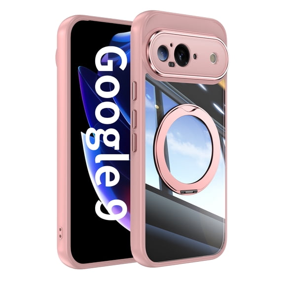 Case for Google Pixel 9 Case Ring Holder Kickstand Built-in Camera Lens Protector Anti-Scratch Shockproof Dustproof Protection Rugged Phone Case Cover for Google Pixel 9, Pink