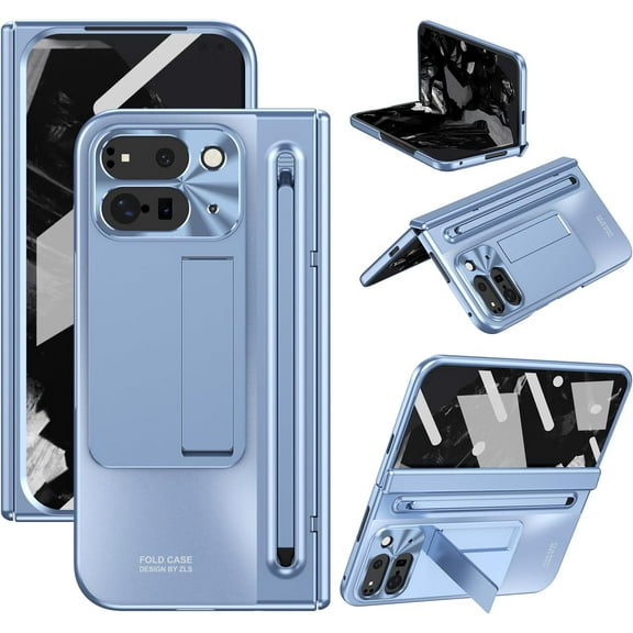 Case for Google Pixel 9 Pro Fold with Hinge Protection & Stylus S Pen Holder, Built-in Screen Protector Matte UV Back Mil-Grade Protection Anti-Scratch Shockproof Protective Case, Blue