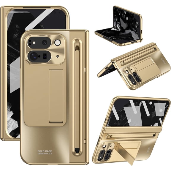 Case for Google Pixel 9 Pro Fold with Hinge Protection & Stylus S Pen Holder, Built-in Screen Protector Matte UV Back Mil-Grade Protection Anti-Scratch Shockproof Protective Case, Gold
