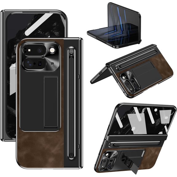 Case for Google Pixel 9 Pro Fold with Stylus & S Pen Holder, Kickstand Alloy CD Camera Protector Vintage Classic Leather Mil-Grade Protection Anti-Scratch Shockproof Protective Case, Coffee