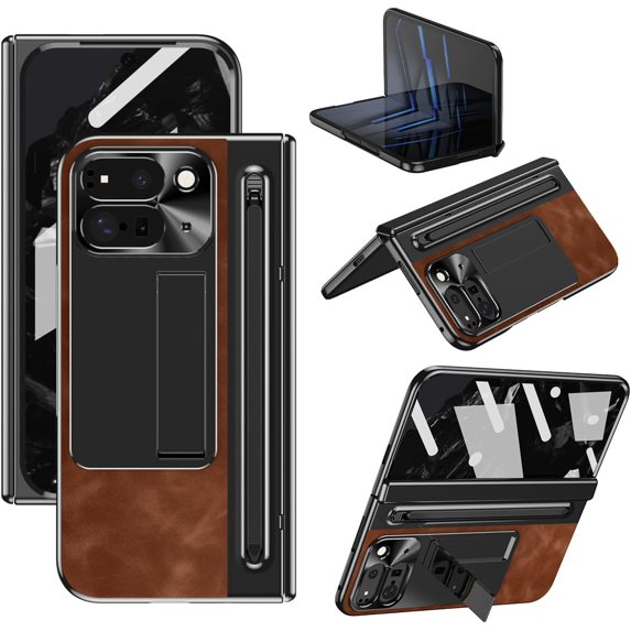 Case for Google Pixel 9 Pro Fold with Stylus & S Pen Holder, Kickstand Alloy CD Camera Protector Vintage Classic Leather Mil-Grade Protection Anti-Scratch Shockproof Protective Case, Brown