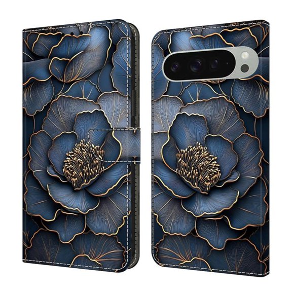 Case For Google Pixel 9 Pro XL/ Pixel 10 Pro XL Crystal Material Painted Pattern With Multi-Card Holder Bills Slot, PU Leather Magnetic Wallet Case,Dark blue