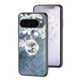 thumbnail image 1 of Case for Google Pixel 9 Pro XL, Tempered Glass Back +TPU Frame, Floral Pattern Diamond Ring Stand Ultra Slim Lightweight Anti-Scratch Back Case Drop Protective Support Magnetic Car Mount - Blue, 1 of 8