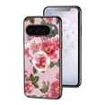 thumbnail image 1 of Case for Google Pixel 9 Pro XL, Tempered Glass Back +TPU Frame, Floral Pattern Diamond Ring Stand Ultra Slim Lightweight Anti-Scratch Back Case Drop Protective Support Magnetic Car Mount - Red, 1 of 8