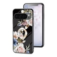 thumbnail image 1 of Case for Google Pixel 9 Pro XL, Tempered Glass Back +TPU Frame, Floral Pattern Diamond Ring Stand Ultra Slim Lightweight Anti-Scratch Back Case Drop Protective Support Magnetic Car Mount - Black, 1 of 8