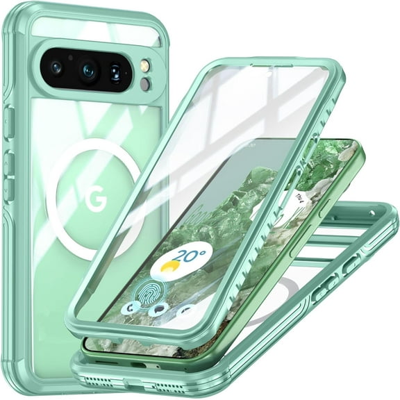 Case for Google Pixel 9/Pxiel 9 Pro,Full-Body Rugged Protective Clear Back Hybrid Magnetic Wireless TPE+PC Built-in Screen Protector Phone Case for Google Pixel 9/Pxiel 9 Pro 5G (Green)