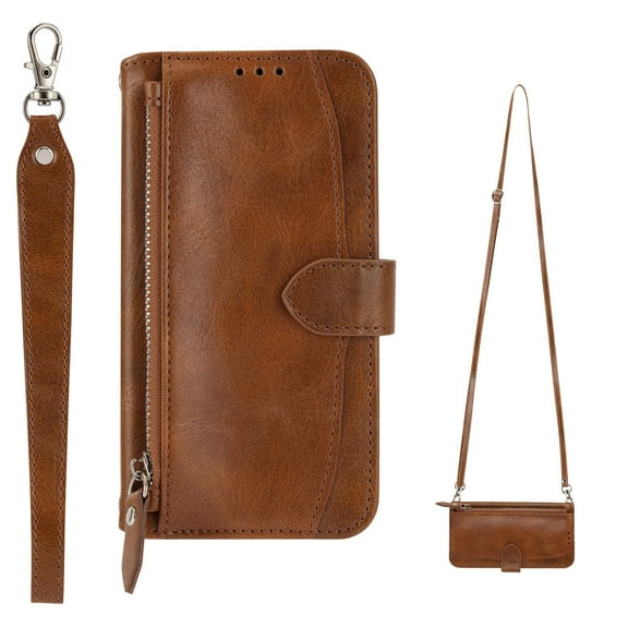Case for Google Pixel 9A, PU Leather Wallet Folio Flip Case Zipper Pocket Card Holder Slots Magnetic Buckle Shockproof Protective Case with Crossbody & Wrist Strap for Google Pixel 9A, Brown