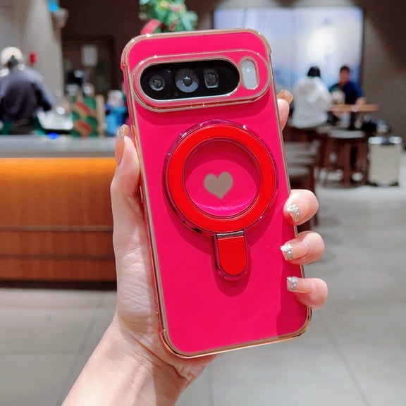 Case for Google Pixel 9a, Plated Frame Cover with Ring Kickstand, Cute Side Heart Pattern Lightweight Shockproof Protective Phone Case for Girls Women - Rose