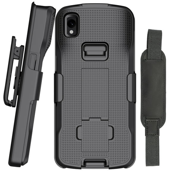 Case + Hand Strap + Belt Clip Combo for Zebra TC22 TC27 Mobile Computer Scanner, Nakedcellphone Slim Hard Shell Cover with Kickstand and [Rotating/Ratchet] Belt Hip Holster Holder Combo - Black