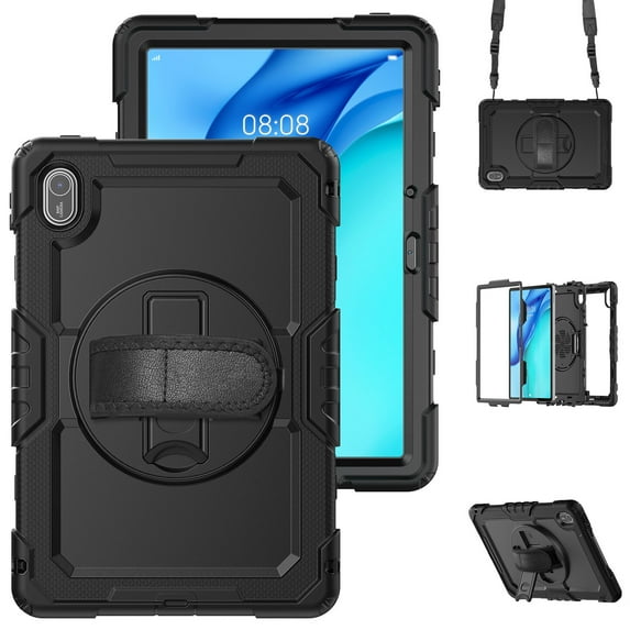 Case for Matepad SE 11 Inch 2024 with Screen Protector, 360 Degree Rotating Kickstand Hand Strap Heavy Duty Shockproof Cover with Shoulder Strap, Black