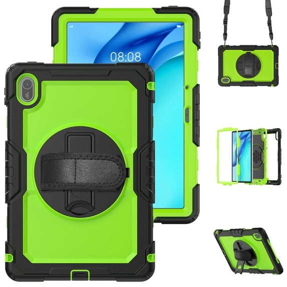 Case for Matepad SE 11 Inch 2024 with Screen Protector, 360 Degree Rotating Kickstand Hand Strap Heavy Duty Shockproof Cover with Shoulder Strap, Lime PC