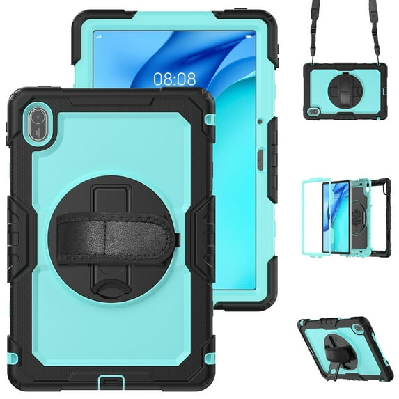 Case for Matepad SE 11 Inch 2024 with Screen Protector, 360 Degree Rotating Kickstand Hand Strap Heavy Duty Shockproof Cover with Shoulder Strap, Sky Blue PC