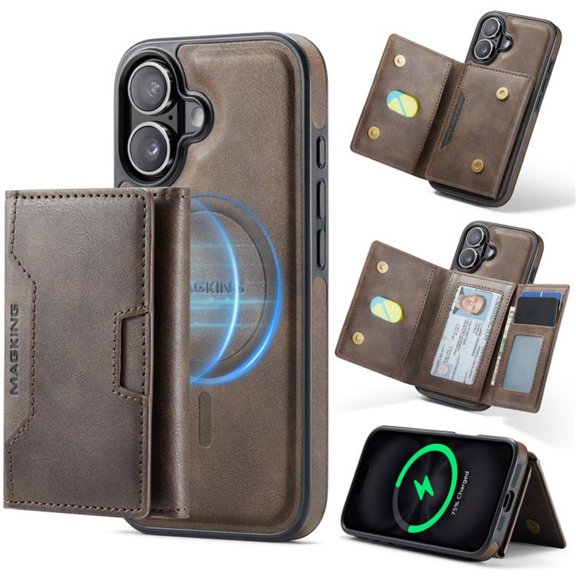 Case For IPhone 17 6.3" RFID Blocking Protective Purse Case With Magsafe 7-card Slots Kickstand 2 In 1 Detachabl Flip Shockproof Protective Leather Cover,coffee,For iPhone 17