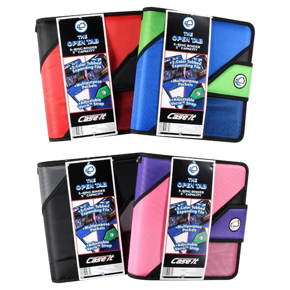 Case•It 2" Open Tab O-Ring Velcro Binder with 5-Subject Expanding File, Assorted Colors, S-816
