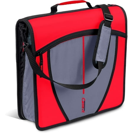 Case-it Mighty Zip Tab Zipper Binder | 3-Inch O-Rings, 600-Sheet Capacity, 5-Subject Expanding File Folder, Multiple Pockets & Storage Organizer, Shoulder Strap | D-146 Fire Engine Red