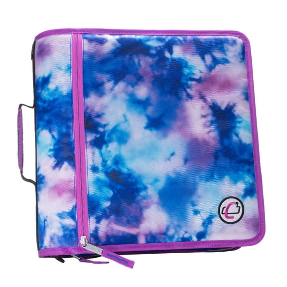 Case-It Printed Mighty Zip Tab3 ring zipper binder, 3-Inch Capacity, with 5-Tab Expanding File, Zip Mesh Pocket, Shoulder Strap, Tie Dye Watercolor Purple D-146-P