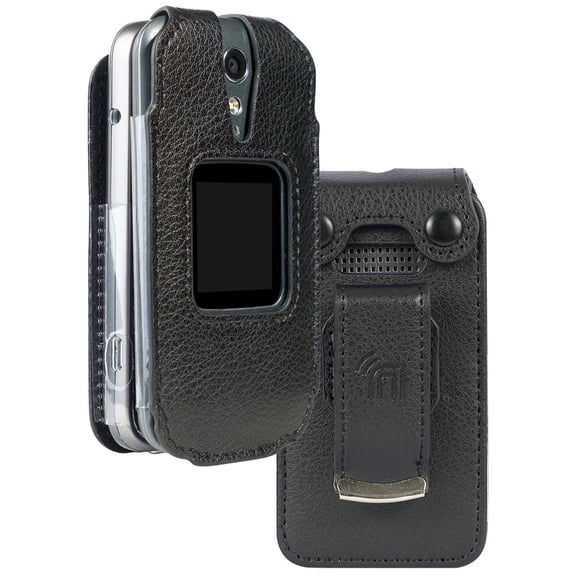 Case for Jitterbug Flip2, Nakedcellphone [Black Vegan Leather] Form-Fit Cover with [Built-In Screen Protection] and [Metal Belt Clip] for Jitterbug Flip 2 Phone (aka Lively Flip) (4053SJ7)