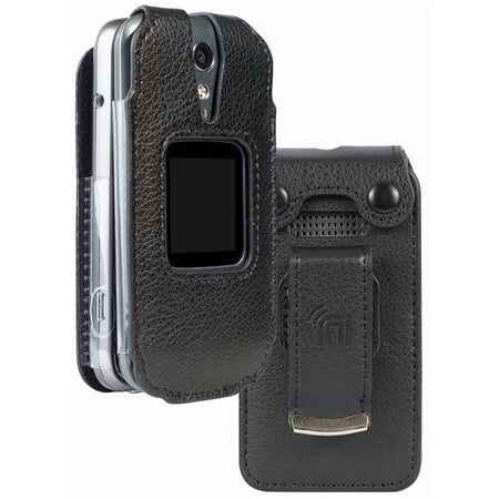 Case for Jitterbug Flip2, Nakedcellphone [Black Vegan Leather] Form-Fit Cover with [Built-In Screen Protection] and [Metal Belt Clip] for Jitterbug Flip 2 Phone (aka Lively Flip) (4053SJ7)
