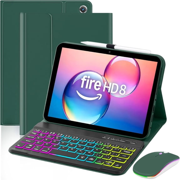 Case with Keyboard Mouse for Kindle Fire HD 8&8 Plus (2020&2022) 8 inch,7 Color Rainbow Backlit Detachable Keyboard Magnetic Case for HD 8 10th/12th Gen-DarkGreen