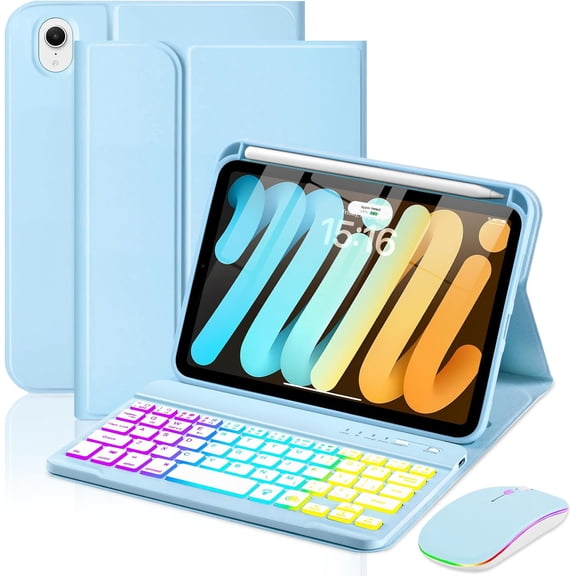 Case with Keyboard Mouse for iPad mini 7th(A17 Pro,2024)/6th Generation 8.3 inch,7 Color Rainbow Backlight Detachable USB-C Keyboard Magnetic Case with Pen Slot for iPad mini 6 7 Blue