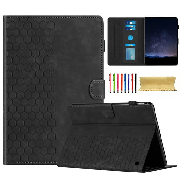 Case for Kindle Fire HD8 / HD8 Plus 2020/2022/2024, Embossed PU Leather Cover Flip with Smart Auto Wake / Sleep Stand Function Pencil Holder and Card Slots & Footgrip Case, Black