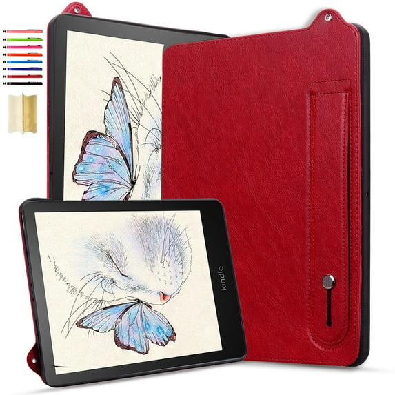 Case for Kindle Paperwhite 12th Gen 2024 (7") & Kindle Colorsoft Signature Edition - All New PU Leather Cover with Wrist Handle Kickstand Feature for Kindle Paperwhite Signature 2024 Released,Red