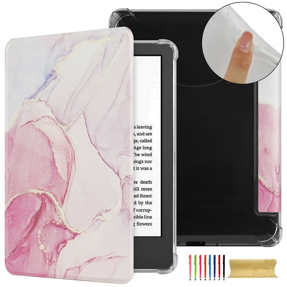 Case for Kindle Paperwhite 2024 / Signature Edition 2024 / Colorsoft Signature Edition 2024, Clear Soft TPU Back Protective PU Leather Magnetic Adsorption Cover Auto Sleep/Wake - Pink Marble