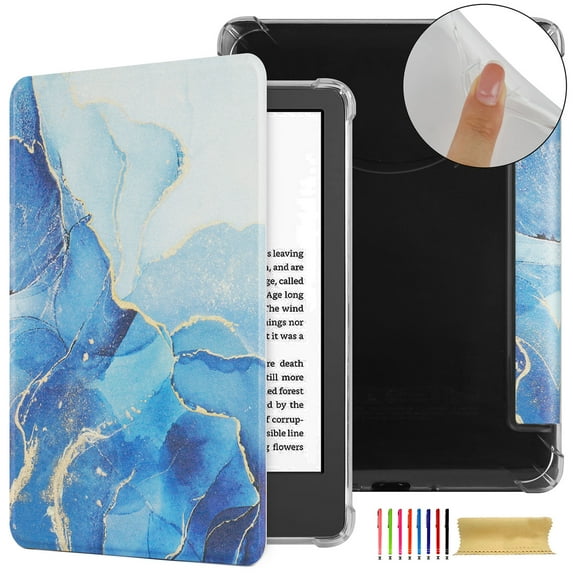 Case for Kindle Paperwhite 2024 / Signature Edition 2024 / Colorsoft Signature Edition 2024, Clear Soft TPU Back Protective PU Leather Magnetic Adsorption Cover Auto Sleep/Wake - Blue Marble