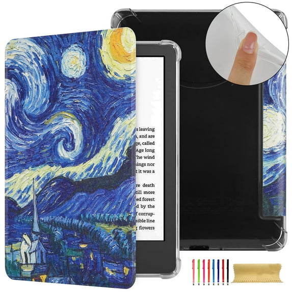 Case for Kindle Paperwhite 2024 / Signature Edition 2024 / Colorsoft Signature Edition 2024, Clear Soft TPU Back Protective PU Leather Magnetic Adsorption Cover Auto Sleep/Wake - Starlit Sky