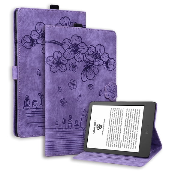 Case for Kindle Paperwhite 6 (12th Generation) 2024 7", Flower Embossed Pattern PU Leather Flip Cover with Card Slots Holder Auto Wake/Sleep Kickstand TPU Shockproof Protective Cover, Purple